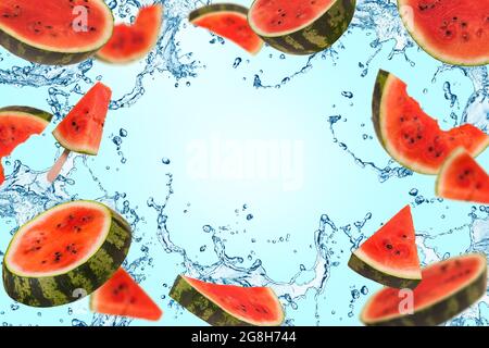 Ripe watermelon cut into pieces flying in the air, with splash of water. Floating, flying, levitating sliced fresh watermelon on a background. Creativ Stock Photo