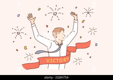 Business success, leadership, winner reaching goal concept. Young smiling businessman cartoon character running reaching goal celebrating victory at finishing line as first winner feeling happy Stock Vector