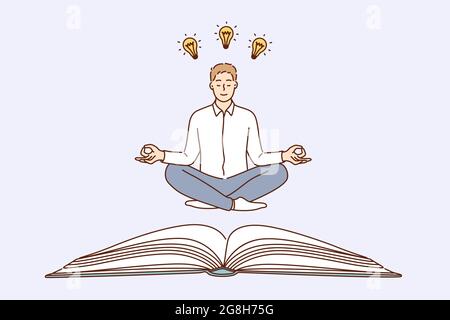 Having creative business idea concept. Young caucasian positive calm businessman cartoon character sitting on floor meditating with great ideas in head and light bulbs above vector illustration  Stock Vector