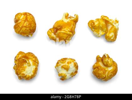 Pieces of Caramel Corn Cut Out on White. Stock Photo