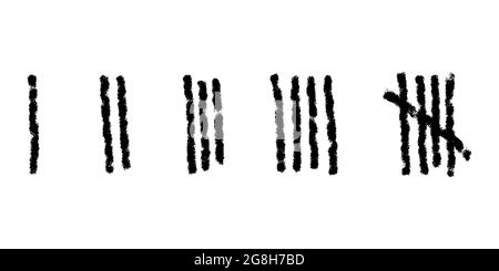 Charcoal tally marks isolated on white background. Day counting symbols on jail wall. Unary numeral system signs. Vector hand drawn illustration  Stock Vector