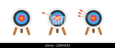Archery target ring with three hitting bullseye and many missed arrows ...