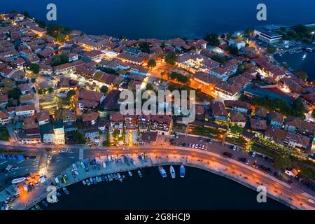 Aerial view to a sea town at night in summer Stock Photo