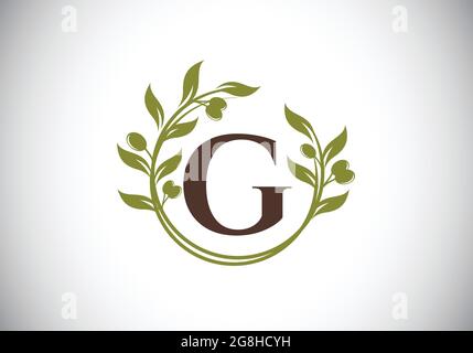 Initial letter G sign symbol with olive branch wreath. Round floral frame made by the olive branch. Agriculture industry logo Stock Vector