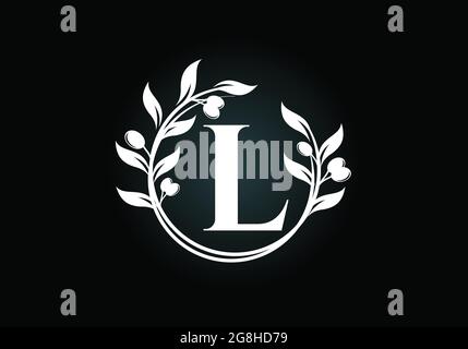 Initial letter L sign symbol with olive branch wreath. Round floral frame made by the olive branch. Agriculture industry logo Stock Vector
