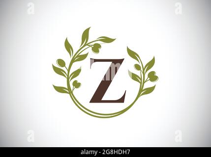 Initial letter Z sign symbol with olive branch wreath. Round floral frame made by the olive branch. Agriculture industry logo Stock Vector