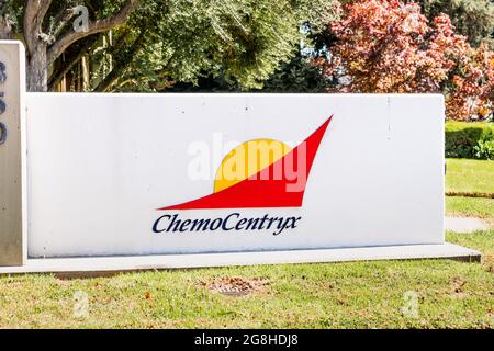 Sep 26, 2020 Mountain View / CA / USA - ChemoCentryx logo at their Silicon Valley HQ; ChemoCentryx Inc, a biopharmaceutical company, researches small- Stock Photo