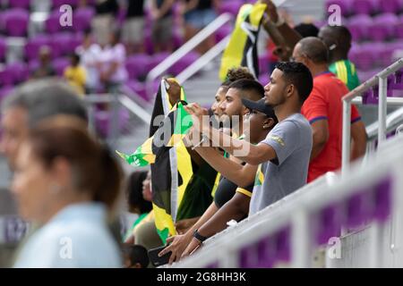 Orlando, United States. 21st July, 2021. Jamaican fans cheer during the CONCACAF Gold Cup game between Costa Rica and Jamaica at Exploria Stadium in Orlando, Florida. NO COMMERCIAL USAGE. Credit: SPP Sport Press Photo. /Alamy Live News Stock Photo