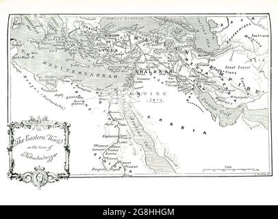 This 1903 illustration shows a map of the eastern world in the time of Nebuchadrezzar. Nebuchadnezzar was king of Babylon 605-562 B.C. He determined to make his capital city of Babylon the finest in the world. He is known for the area of his palace in Babylon  that  came to be known as the Hanging Gardens and was considered one of the seven ancient wonders of the world. Scholars differ on their size, but archaeological excavations do attest to some type of grandiose structure. Stock Photo