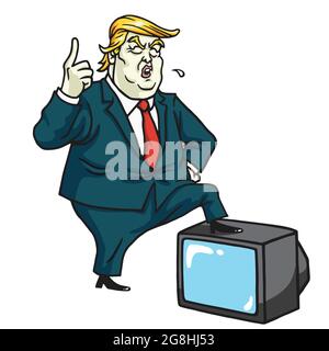 Donald Trump with Television. Cartoon Caricature Vector Illustration Stock Vector