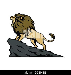 Lion Roaring on the Mountain Hill Vector Cartoon Illustration Stock Vector