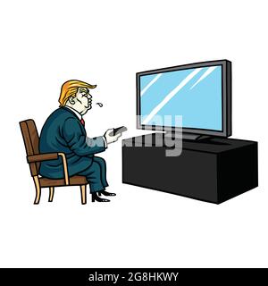 Donald Trump Watching News Channel Television. Cartoon Vector Illustration Stock Vector