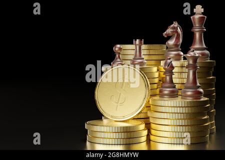 Wooden chess set on top of stacked piles of gold coins in a dark black background. The concept of strategic planning in the fight for victory against Stock Photo