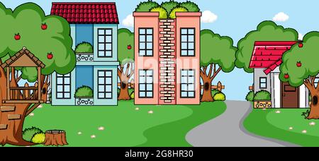Outdoor scene with front of many houses along the road illustration ...