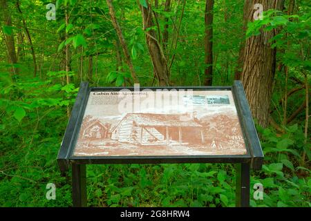 Lincoln Cabin interpretive board, Lincoln Boyhood National Memorial, Indiana Stock Photo