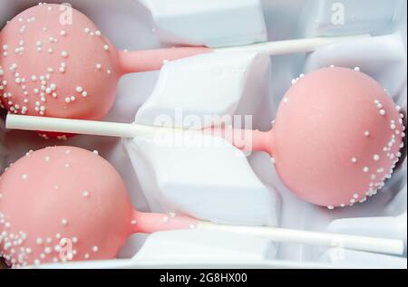Three birthday cake pops are pictured at Starbucks, July 18, 2021, in Mobile, Alabama. Stock Photo