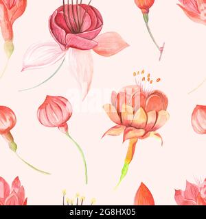 Seamless raster watercolor pattern with flowers fuchsia and leaves close up on a colored background. Stock Photo