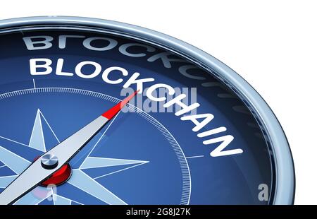 3D rendering of an compass with the word block chain Stock Photo