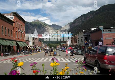 Telluride, COLORADO, USA. 17th July, 2021. July 19, 2021. Telluride, Colo, USA. Traffic stops for pedestrians as they cross Main St. in Telluride, Colorado. (Credit Image: © Ralph Lauer/ZUMA Press Wire) Stock Photo