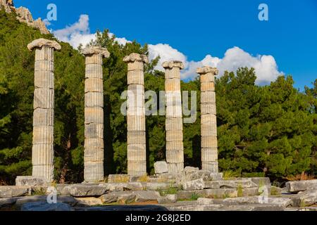 Columns on ruins of ancient Temple of Athena in Priene, Turkey Stock Photo