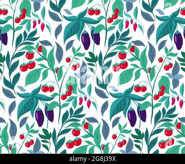 Seamless pattern with vegetables and foliage. Vector texture with eggplants, cherry tomatoes, chili peppers on white background. Natural garden wallpa Stock Vector