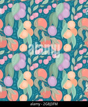 Seamless flat delicate texture with cherries, peaches, plums on branches with foliage on blue background with doodle decoration. Cartoon gently patter Stock Vector