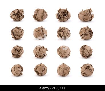 Set of crumpled brown paper ball on white background Stock Photo