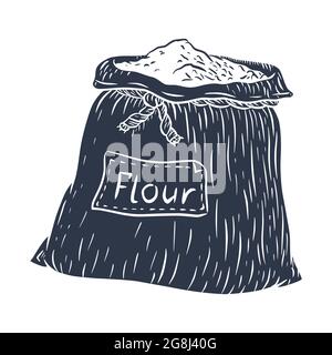 Line drawing etching silhouette of burlap sack with flour for emblem, logo, menu, recipe, food prints, stickers Stock Vector