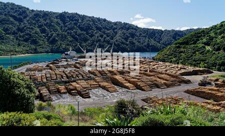 Pine tree logs being loaded onto a ship for export at Shakespeare Bay, Waimahara Wharf, Port Marlborough, Marlborough Sounds, New Zealand. Stock Photo
