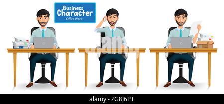 Business man sitting vector set. Businessman characters in office workplace with happy, angry and serious expressions for male boss cartoon collection. Stock Vector