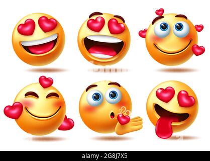Smileys love emoticon vector character set. Smiley in love 3d emoji characters with hearts element in happy and flying kiss facial expressions. Stock Vector