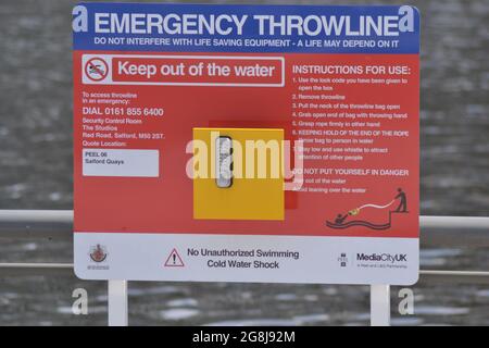 Emergency throwline at Salford Quays, Salford, Greater Manchester Stock Photo