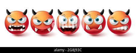 Smiley evil face vector set. Smileys emoji bad, monster, demon and scary red icon collection isolated in white background for graphic elements design. Stock Vector