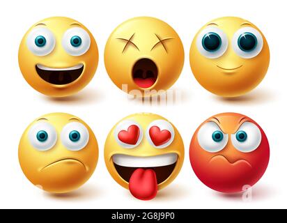 Smiley emoji vector set. Smileys emoticon happy, angry, in love and dizzy icon collection isolated in white background for graphic design elements. Stock Vector