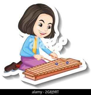 Cartoon character sticker girl playing xylophone musical instrument illustration Stock Vector