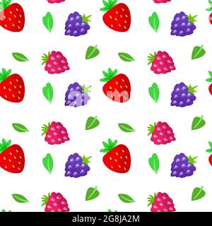 Berries seamless pattern with ripe blackberries, raspberries strawberries isolated on white. For fabric, textile, wrapping paper, wall paper. Berry summer background. Design fond. Vector illustration Stock Vector