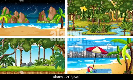 Four different nature horizontal scenes illustration Stock Vector
