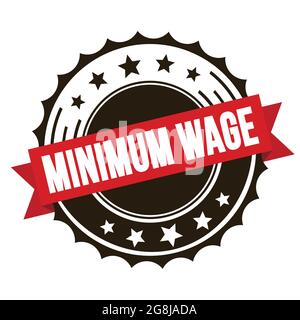 MINIMUM WAGE text on red brown ribbon badge stamp. Stock Photo