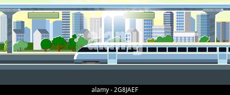High-speed train in the city. Railway with a locomotive. Summer. Modern outdoor urban landscape. Cityscape with the road. Flat style design. Vector Stock Vector
