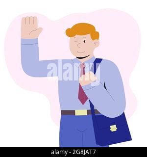 Flat illustration of businessman or student in suit with briefcase. Vector cartoon character. A smiling man waves his hand in greeting Stock Vector