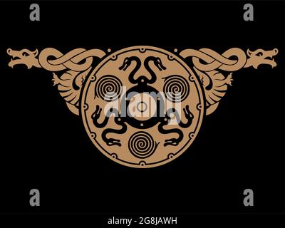 Scandinavian Celtic design. Viking shield decorated with dragons Stock Vector