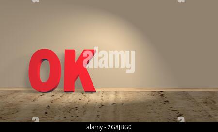 OK red lettering on a wooden floor leaning against a wall - 3D illustration Stock Photo