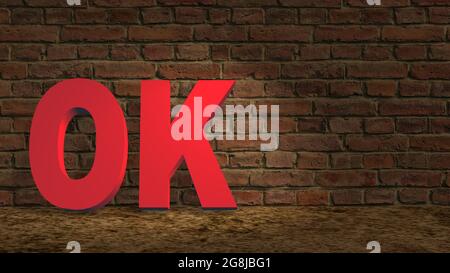 OK red lettering on the sandy ground leaning against a dark brick wall - 3D illustration Stock Photo