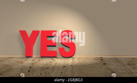 YES red lettering on a wooden floor leaning against a wall - 3D illustration Stock Photo