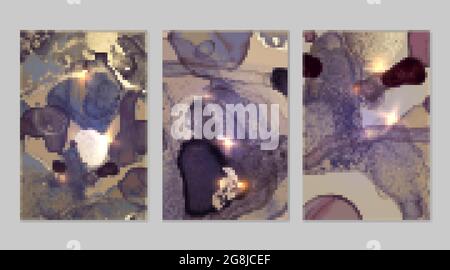 Marble set of gold, purple and gray backgrounds with texture. Geode pattern with glitter. Abstract vector backdrops in fluid art alcohol ink technique Stock Vector