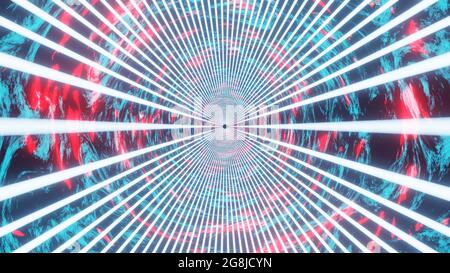 3D graphic illustration of the seamless loop of abstract neon lighting tunnel motion background Stock Photo