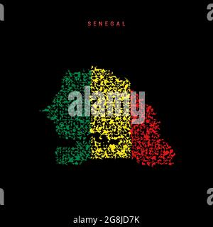 Senegal flag map, chaotic particles pattern in the colors of the Senegalese flag. Vector illustration isolated on black background. Stock Vector