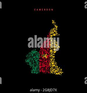 Cameroon flag map, chaotic particles pattern in the colors of the Cameroonian flag. Vector illustration isolated on black background. Stock Vector