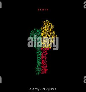 Benin flag map, chaotic particles pattern in the colors of the Dahomey flag. Vector illustration isolated on black background. Stock Vector