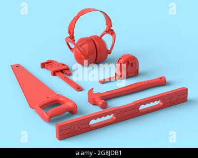 Isometric view of monochrome construction tools for repair and installation on blue and redbackground. 3d rendering and illustration of service banner Stock Photo